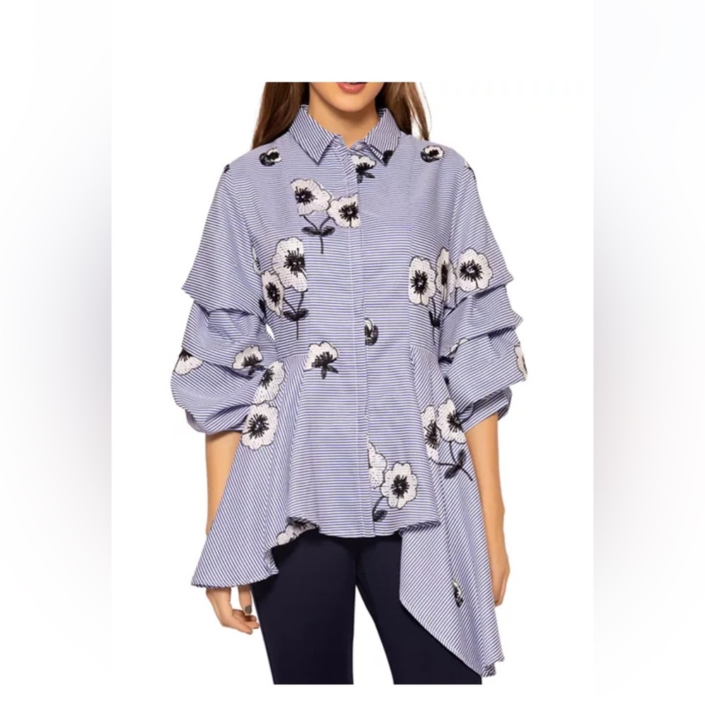 Gracia embroidered Blue and White Striped Floral Blouse